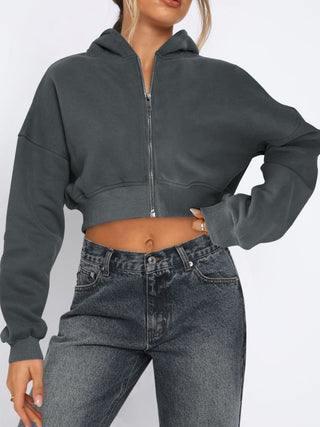 Zip Up Long Sleeve Hooded Cropped Jacket Trendsi