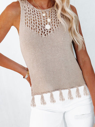 Cutout Tassel Round Neck Tank Divacious