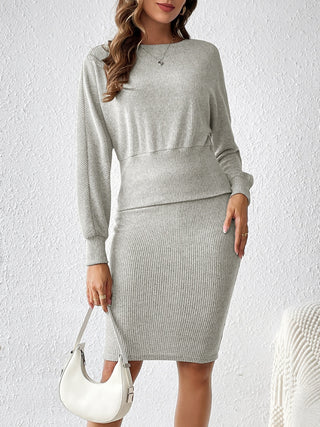 Ribbed Round Neck Top and Skirt Set Trendsi