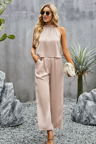 Devine Grecian Neck Sleeveless Pocketed Top and Pants Set Trendsi