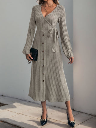 Ribbed Tied Surplice Long Sleeve Dress - Divacious