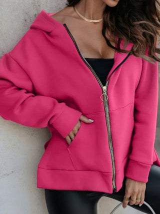 Zip-Up Slit Hoodie with Pockets Divacious