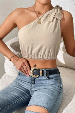 Cropped One-Shoulder Striped Tie Shoulder Tank Divacious