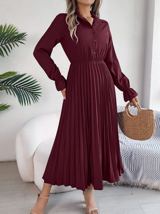 Pleated Half Button Long Sleeve Midi Dress Trendsi