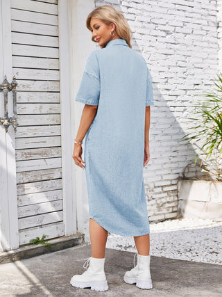 Button Up Dropped Shoulder Denim Dress Divacious