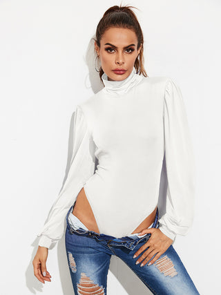 Backless Tie-Waist Turtleneck Lantern Sleeve Bodysuit Divacious