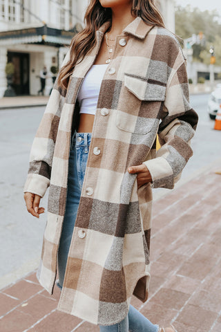 Plaid Button Up Dropped Shoulder Coat Divacious