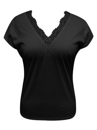 Full Size Lace Detail V-Neck Short Sleeve Blouse Divacious