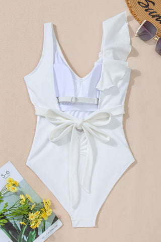 Ruffled V-Neck Wide Strap One-Piece Swimwear Divacious