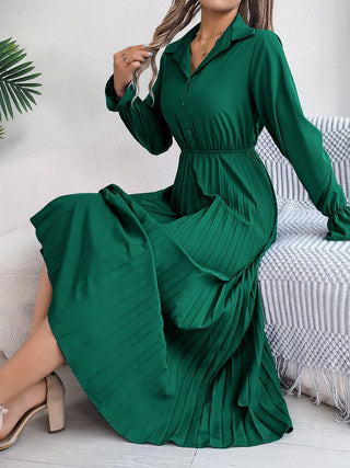 Pleated Half Button Long Sleeve Midi Dress Trendsi