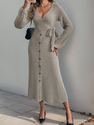 Ribbed Tied Surplice Long Sleeve Dress - Divacious