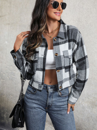 Plaid Button Up Drop Shoulder Cropped Jacket Divacious