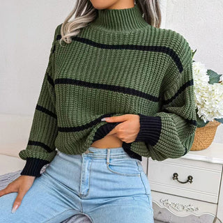 Striped Mock Neck Dropped Shoulder Sweater Divacious