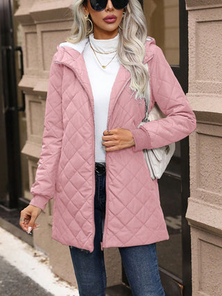 Quilted Zip Up Hooded Jacket with Pockets - Divacious