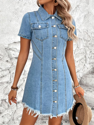 Raw Hem Button Up Short Sleeve Denim Dress Divacious