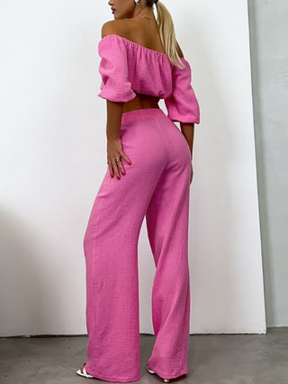 Off Shoulder Long Sleeve Top and Pants Set Trendsi