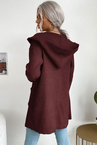 Ribbed Open Front Hooded Cardigan with Pockets Divacious