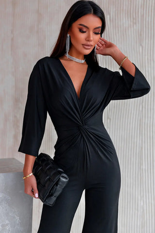 Twisted Plunge Three-Quarter Sleeve Jumpsuit Divacious