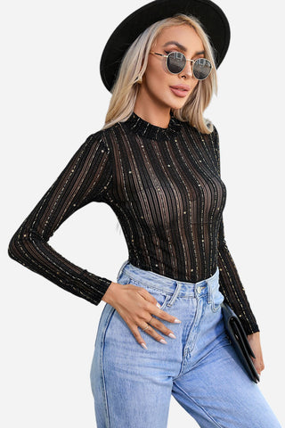 Glitter Round Neck Long Sleeve Semi-Sheer Bodysuit Divacious