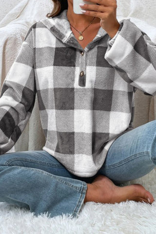 Plaid Quarter Button Dropped Shoulder Hoodie Divacious