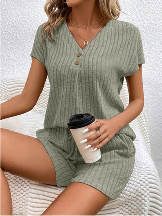 Ribbed V-Neck Top and Shorts Set Trendsi