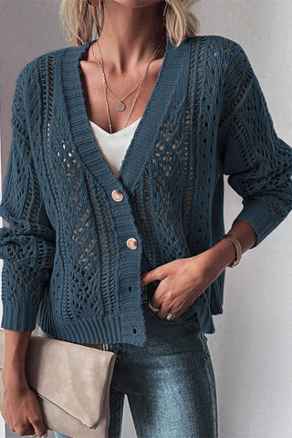 Openwork Button Up Long Sleeve Cardigan Divacious