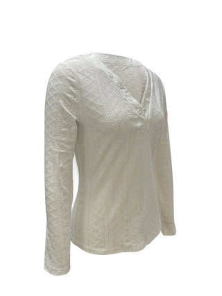 Eyelet Decorative Button V-Neck Blouse Divacious