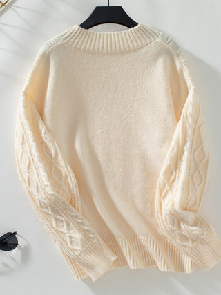 Cable-Knit Notched Long Sleeve Sweater - Divacious