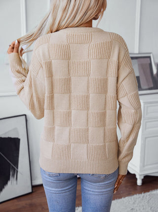 Checkered Round Neck Long Sleeve Sweater - Divacious