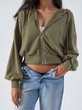 Drawstring Zip Up Long Sleeve Hoodie - Divacious