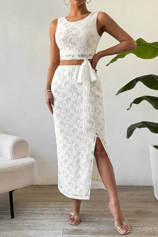 Honey Lace Round Neck Top and Slit Skirt Set Trendsi