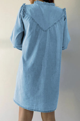 Button Up Notched Long Sleeve Denim Dress Divacious