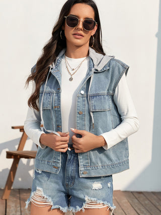 Drawstring Button Up Sleeveless Denim Jacket Trendsi