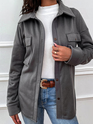 Shiny Button Down Dropped Shoulder Coat Trendsi