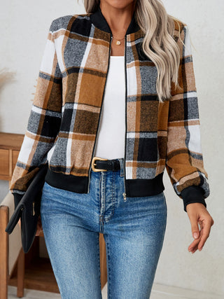 Plaid Zip Up Long Sleeve Jacket Divacious