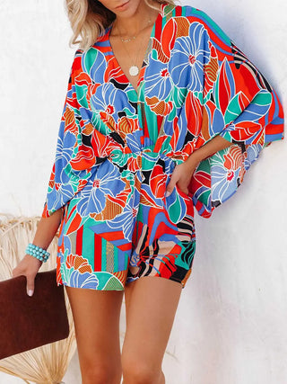 Tied Printed Kimono Sleeve Romper Divacious