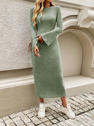 Devine Tied Round Neck Long Sleeve Midi Dress Trendsi