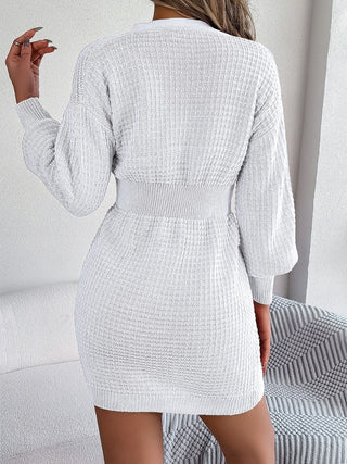 Buttoned Cable-Knit V-Neck Sweater Dress Divacious