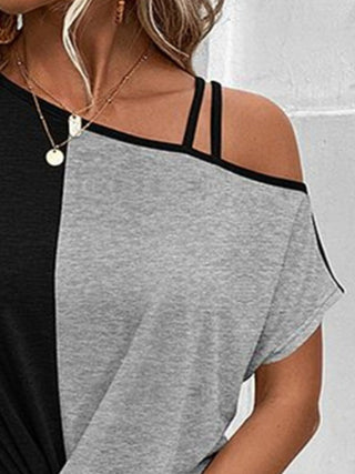 Contrast Asymmetrical Neck Short Sleeve T-Shirt Divacious