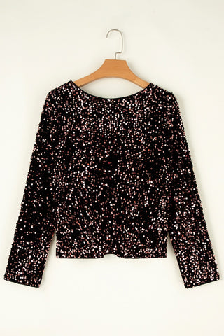 Sequin Round Neck Long Sleeve Blouse Divacious