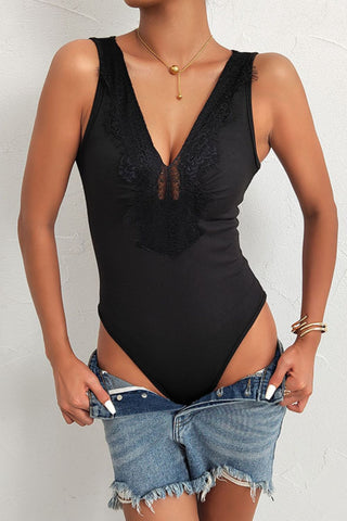 Spliced Lace Deep V Sleeveless Bodysuit Divacious