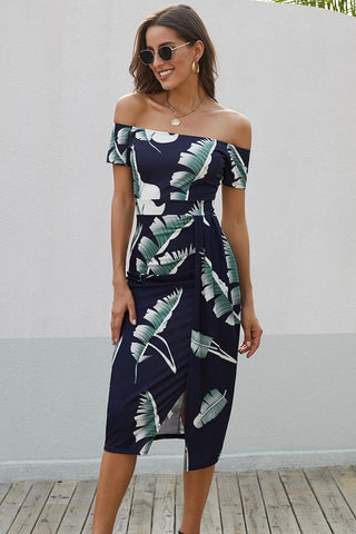 Slit Printed Off-Shoulder Midi Dress Trendsi