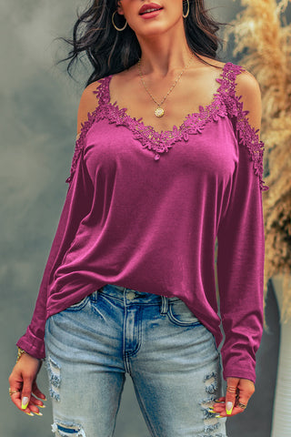 Lace Detail Cold Shoulder Long Sleeve T-Shirt Divacious