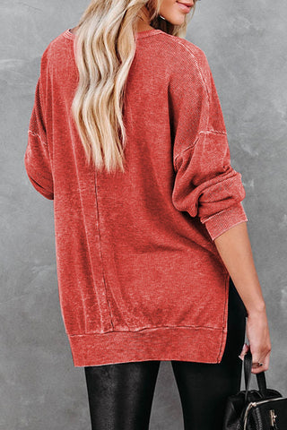 Waffle Knit Side Slit Drop Shoulder Sweatshirt Divacious