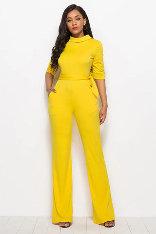 Mock Neck Tie-Waist Half Sleeve Jumpsuit Divacious