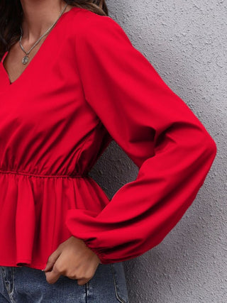 V-Neck Balloon Sleeve Peplum Blouse Divacious