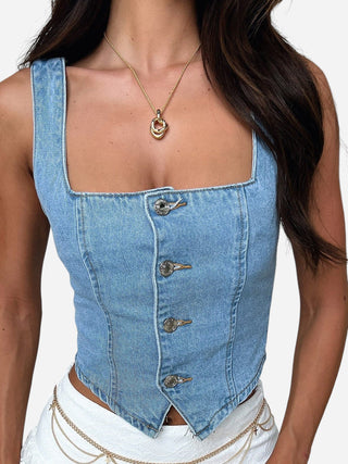 Smocked Square Neck Denim Top Divacious