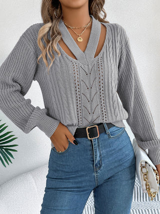 Cutout V-Neck Long Sleeve Sweater - Divacious