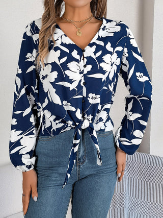 Printed V-Neck Long Sleeve Blouse Divacious