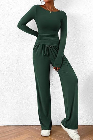 Round Neck Long Sleeve Top and Pants Set Trendsi